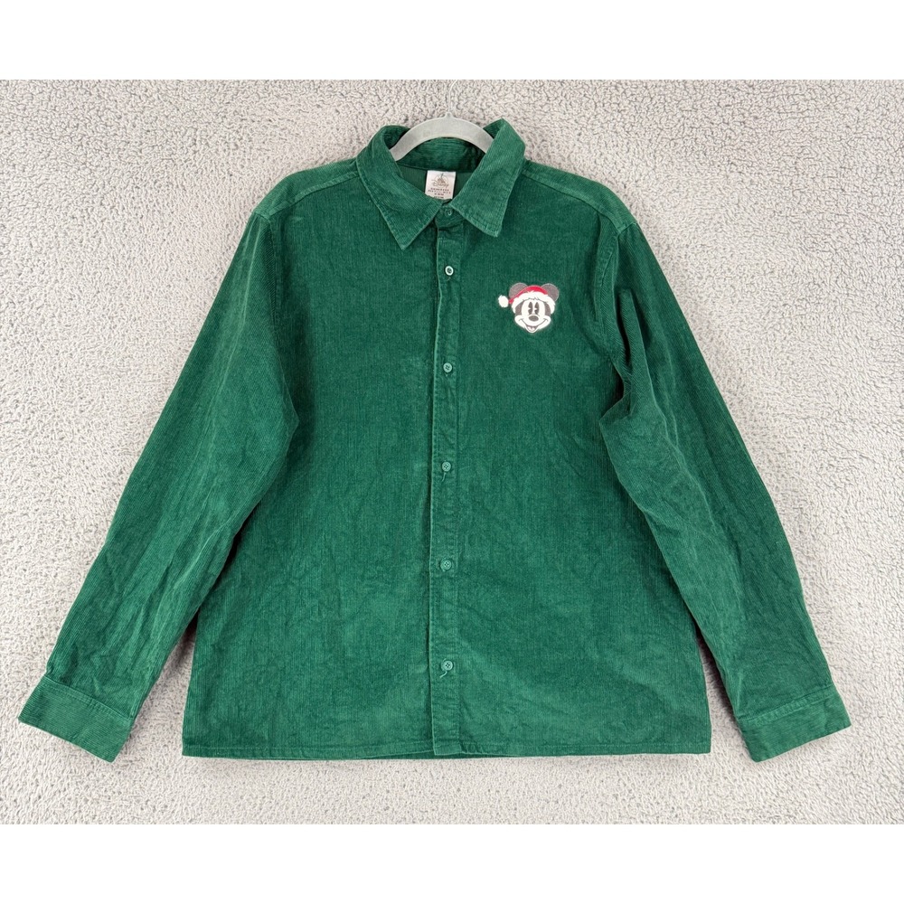 Disney Mickey Mouse Christmas Shirt Mens M Green Corduroy Santa Button Down
